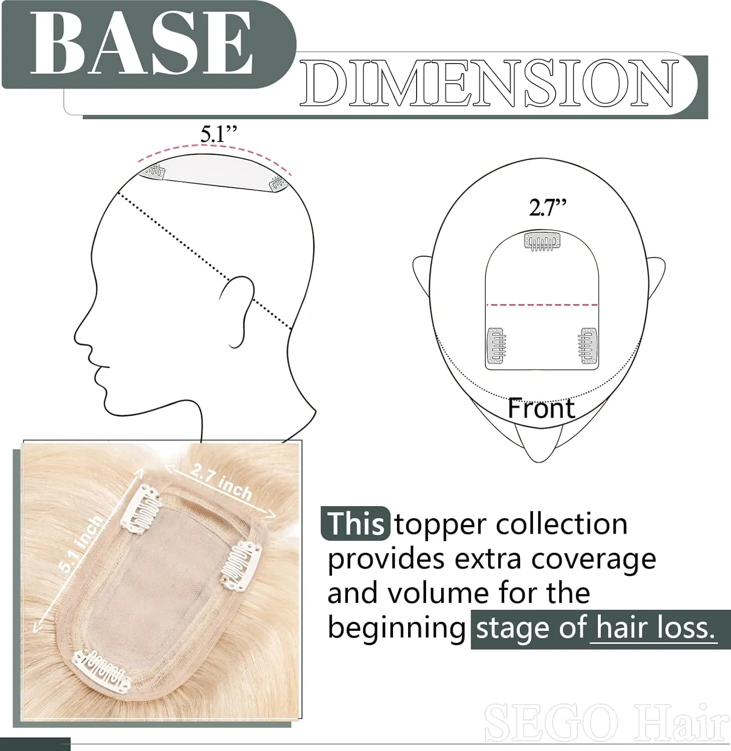 SEGO Hair Toppers for Women, Clip in Real Human Hair Toppers Straight with Bangs 150% Density Silk Base -12 Inch #18/613 Ash Blonde Mix Bleach Blonde