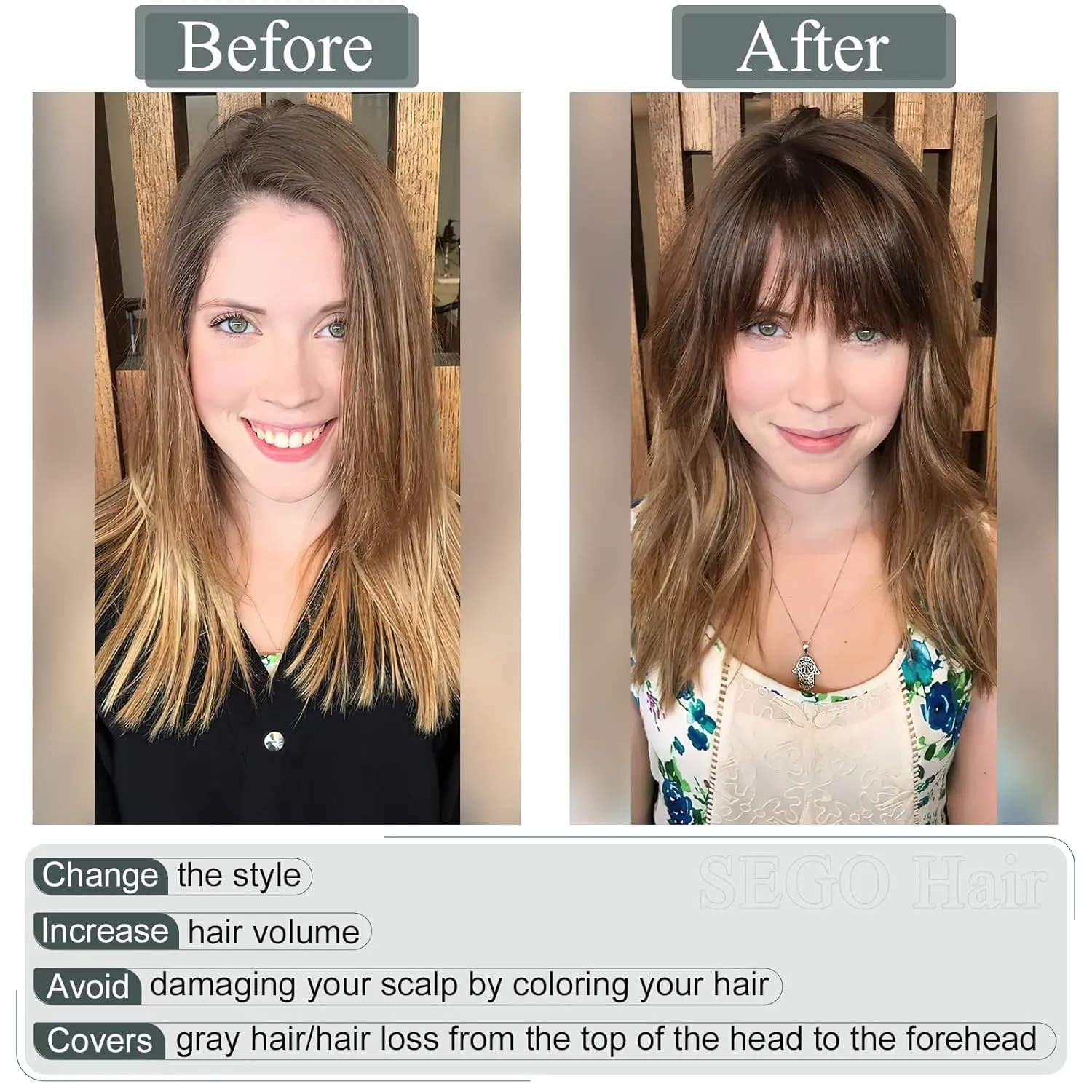 SEGO Hair Toppers for Women, Clip in Real Human Hair Toppers Straight with Bangs 150% Density Silk Base -12 Inch #18/613 Ash Blonde Mix Bleach Blonde