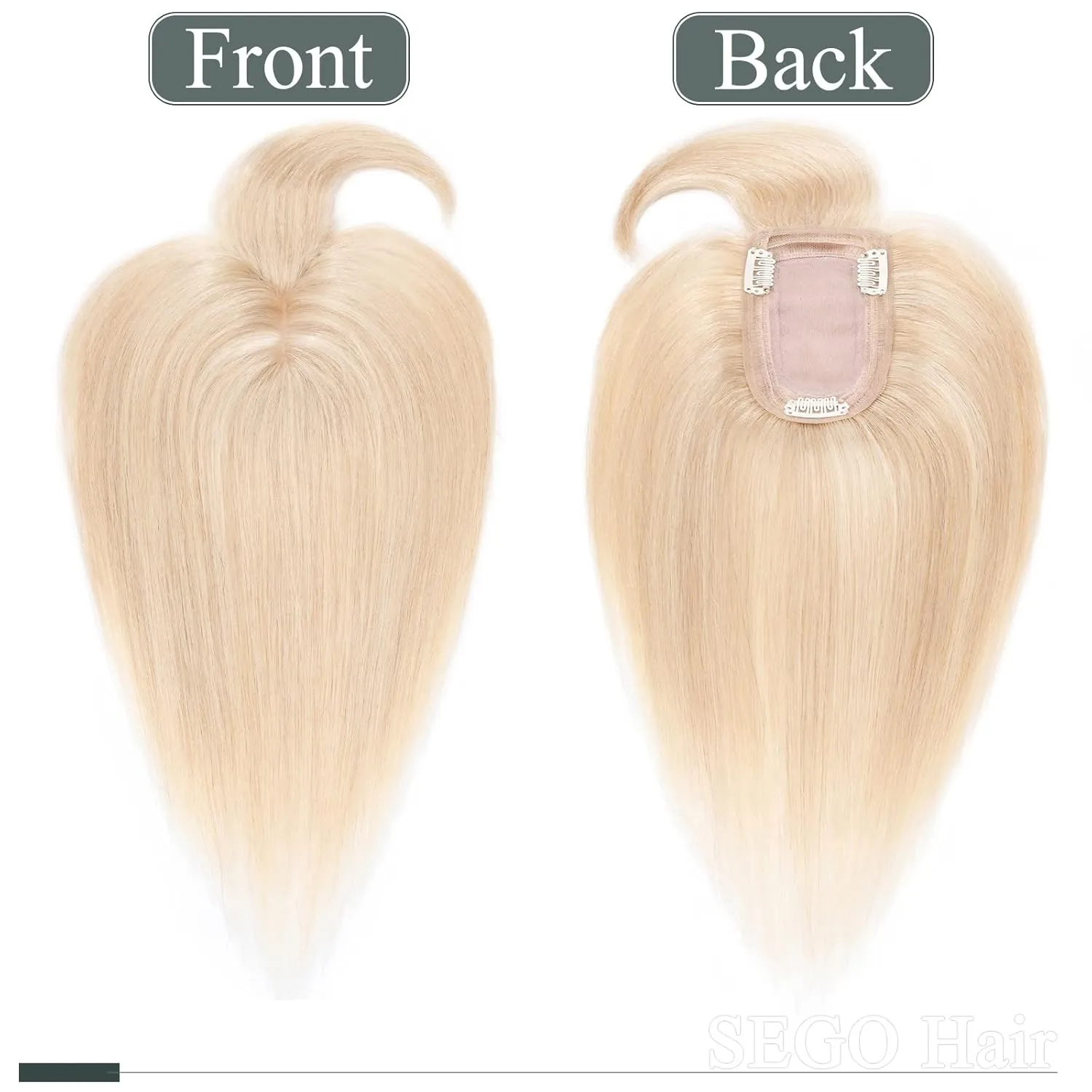 SEGO Hair Toppers for Women, Clip in Real Human Hair Toppers Straight with Bangs 150% Density Silk Base -12 Inch #18/613 Ash Blonde Mix Bleach Blonde