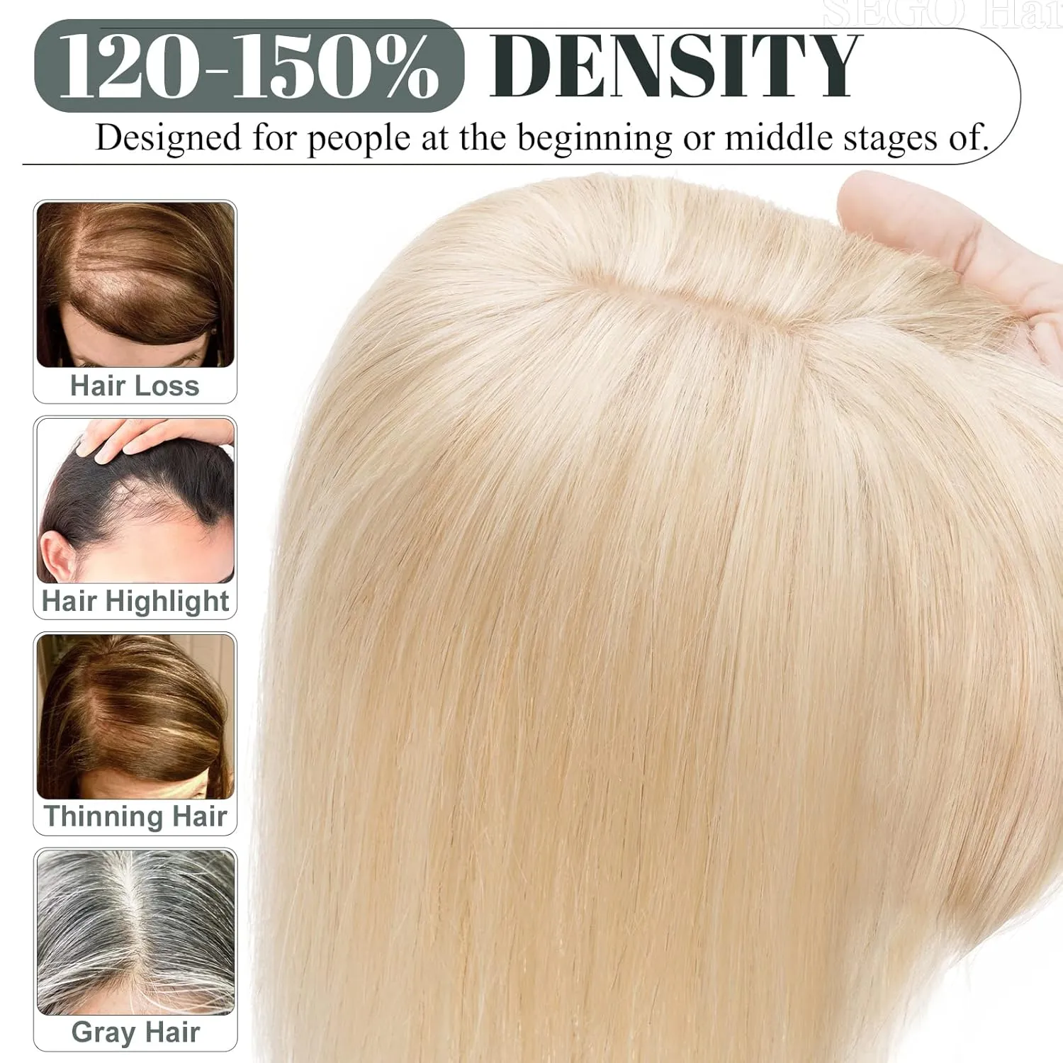 SEGO Hair Toppers for Women, Clip in Real Human Hair Toppers Straight with Bangs 150% Density Silk Base -12 Inch #18/613 Ash Blonde Mix Bleach Blonde