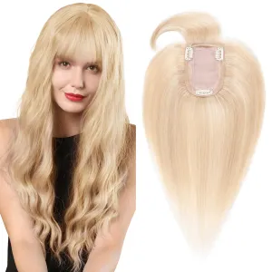 SEGO Hair Toppers for Women, Clip in Real Human Hair Toppers Straight with Bangs 150% Density Silk Base -12 Inch #18/613 Ash Blonde Mix Bleach Blonde