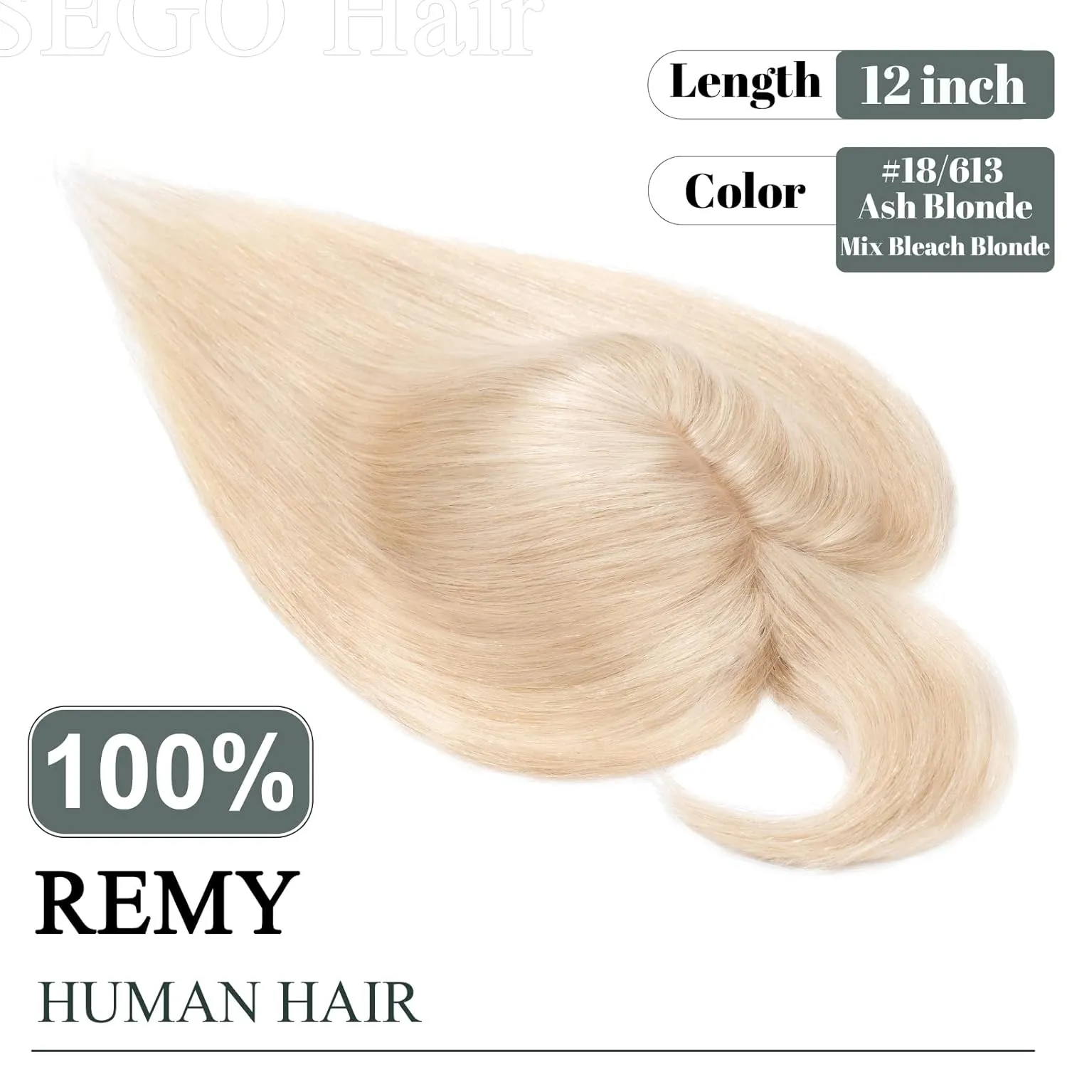 SEGO Hair Toppers for Women, Clip in Real Human Hair Toppers Straight with Bangs 150% Density Silk Base -12 Inch #18/613 Ash Blonde Mix Bleach Blonde