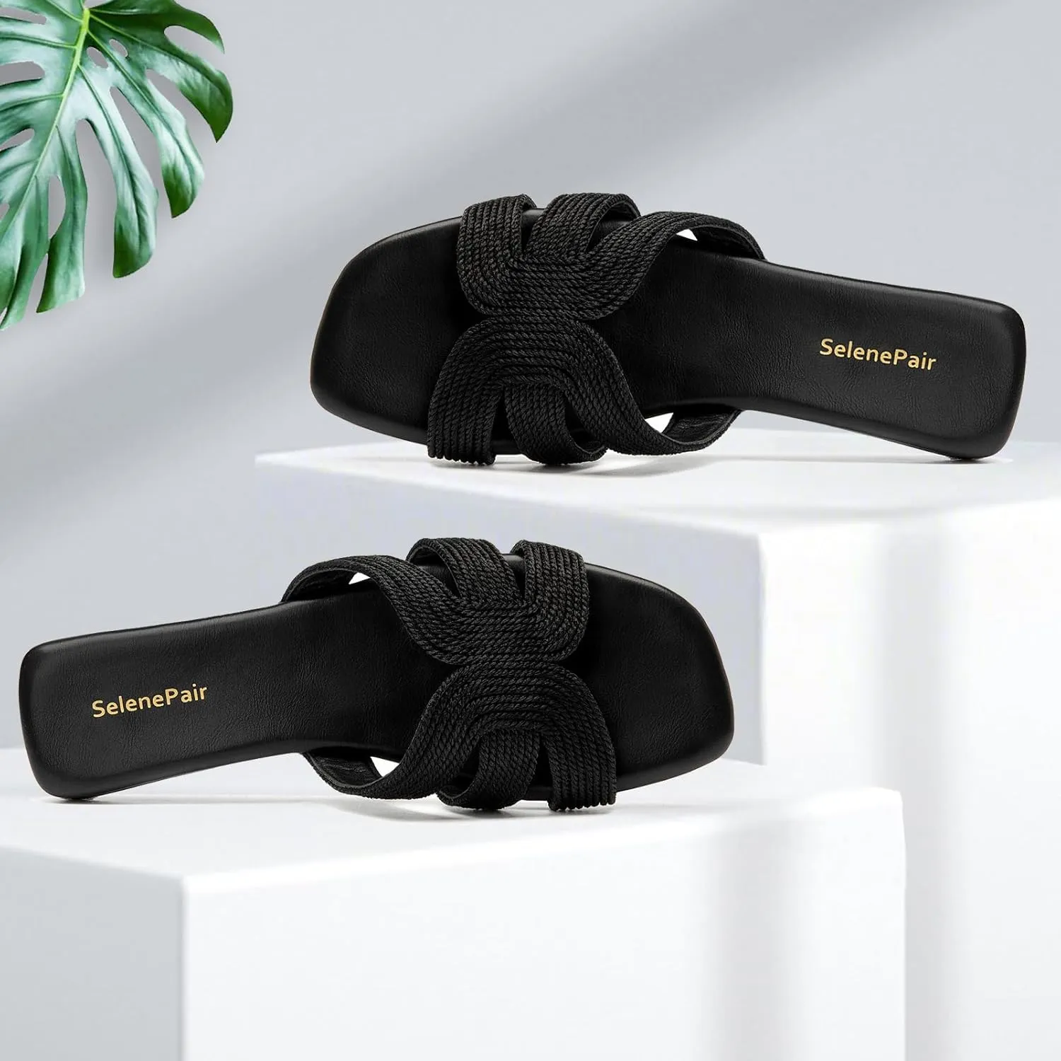 SelenePair Women's Fashion Flat Sandals Square Toe Slip On Dress Summer Slides