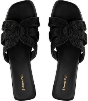 SelenePair Women's Fashion Flat Sandals Square Toe Slip On Dress Summer Slides