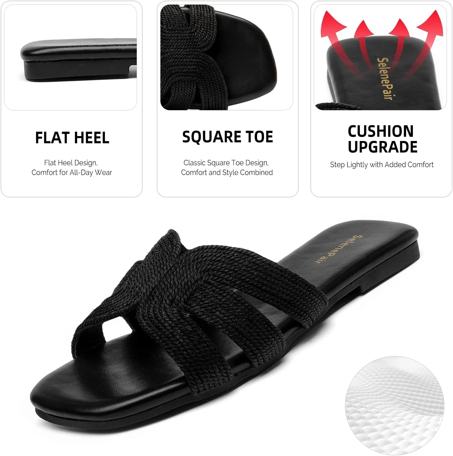 SelenePair Women's Fashion Flat Sandals Square Toe Slip On Dress Summer Slides