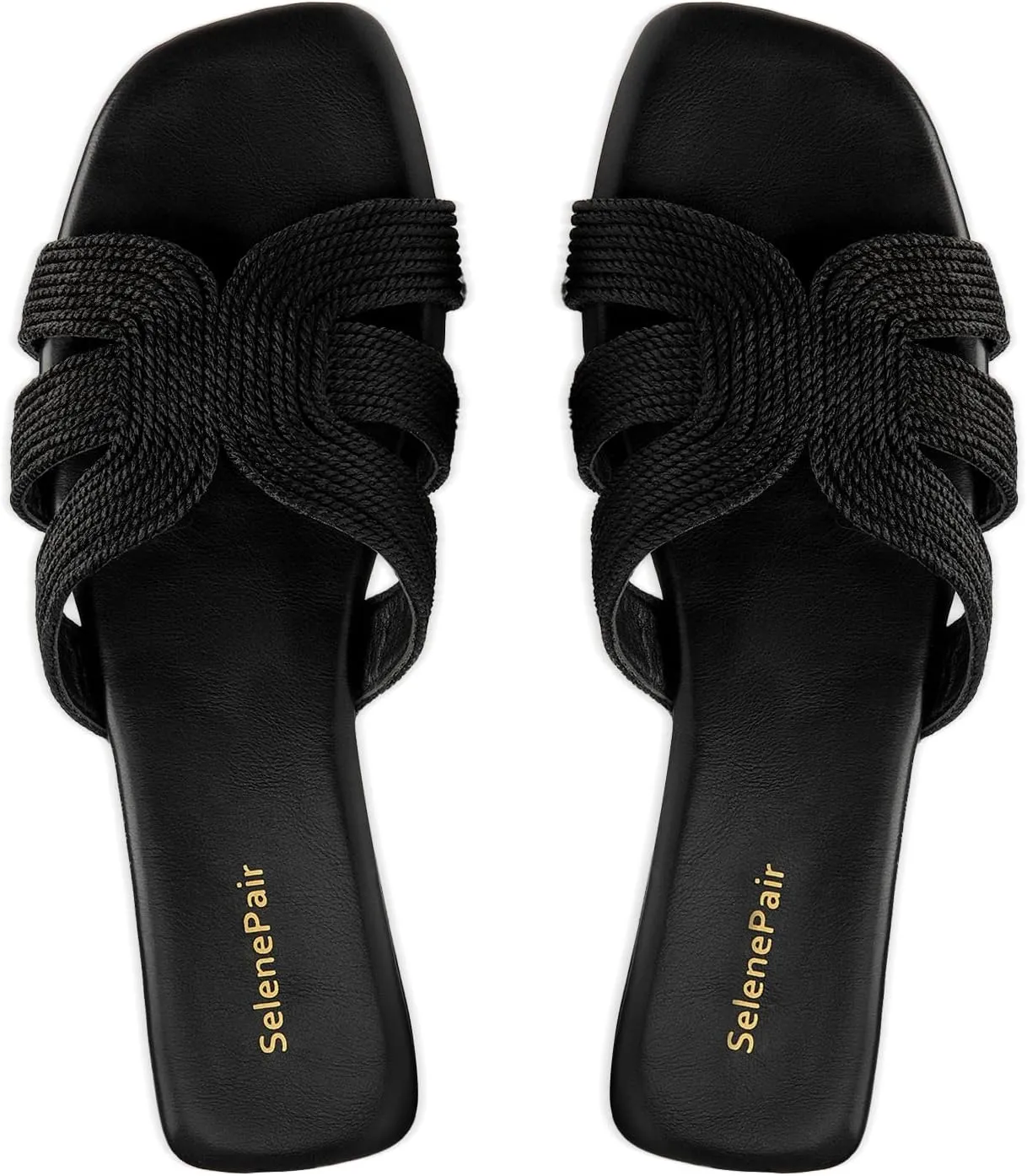 SelenePair Women's Fashion Flat Sandals Square Toe Slip On Dress Summer Slides