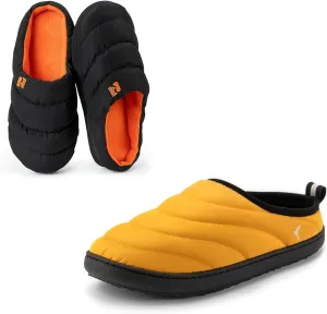 Set of 2 Pairs - Men's Size 7-8, Campground Memory Foam Down Slipper (Oriole) Trail-Therm Quilted Memory Foam Indoor Oudoor Camp Slipper(Yellow)