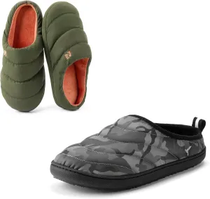 Set of 2 Pairs - Men's Size 9-10, Campground Memory Foam Down Slipper (Hunter Green) Trail-Therm Quilted Memory Foam Indoor Oudoor Camp Slipper(Camouflage)