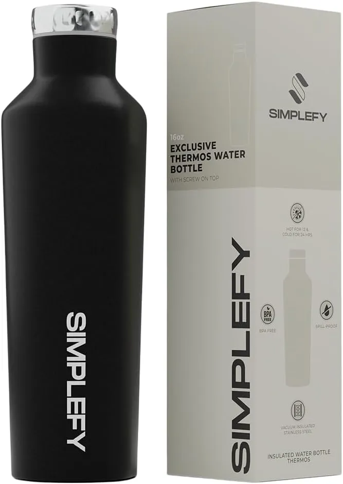 Simplefy Exclusive Insulated Water Bottle with Screw-On Cap16oz Triple Wall Stainless Steel Thermos, BPA-Free