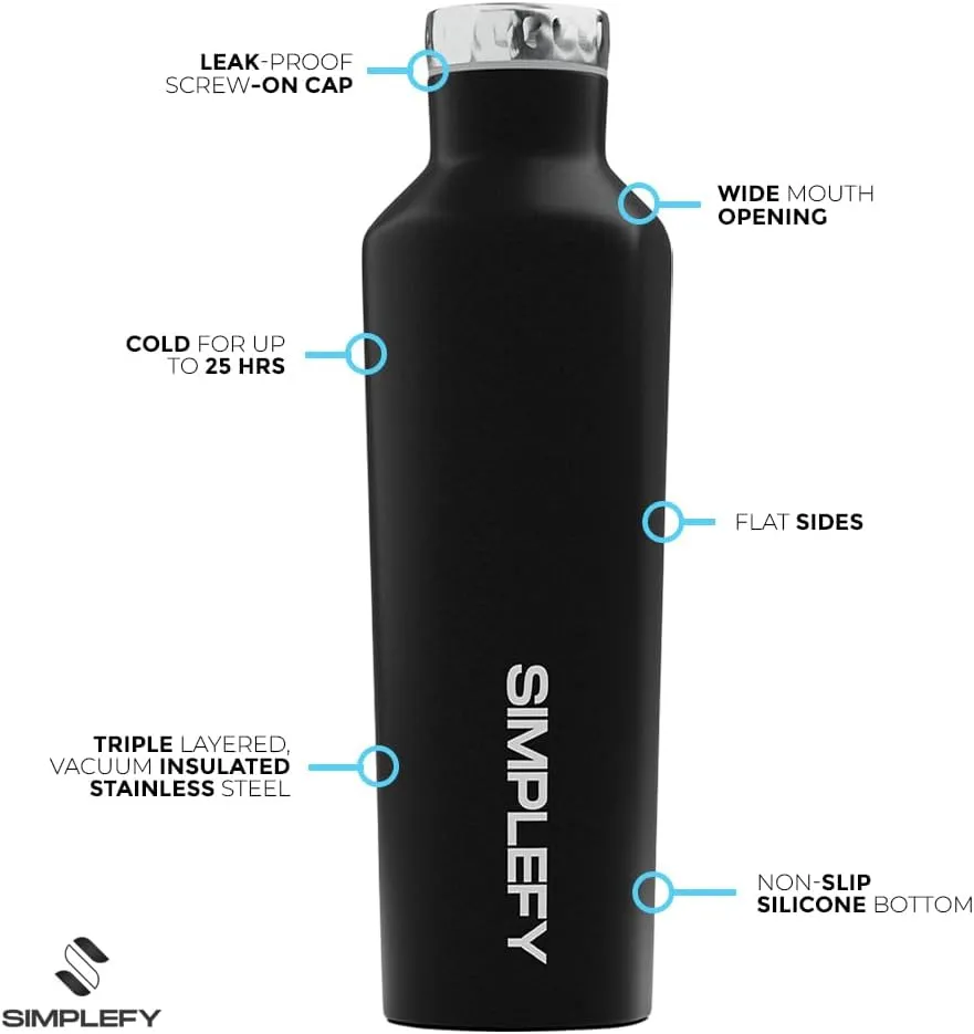 Simplefy Exclusive Insulated Water Bottle with Screw-On Cap16oz Triple Wall Stainless Steel Thermos, BPA-Free