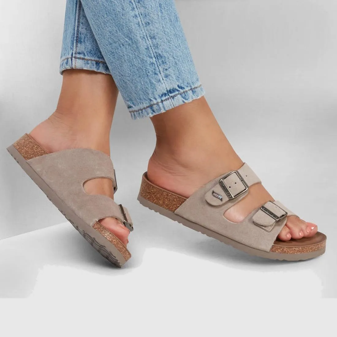 Skechers Womens Arch Fit Granola Slide Taupe Beige Suede Upper
