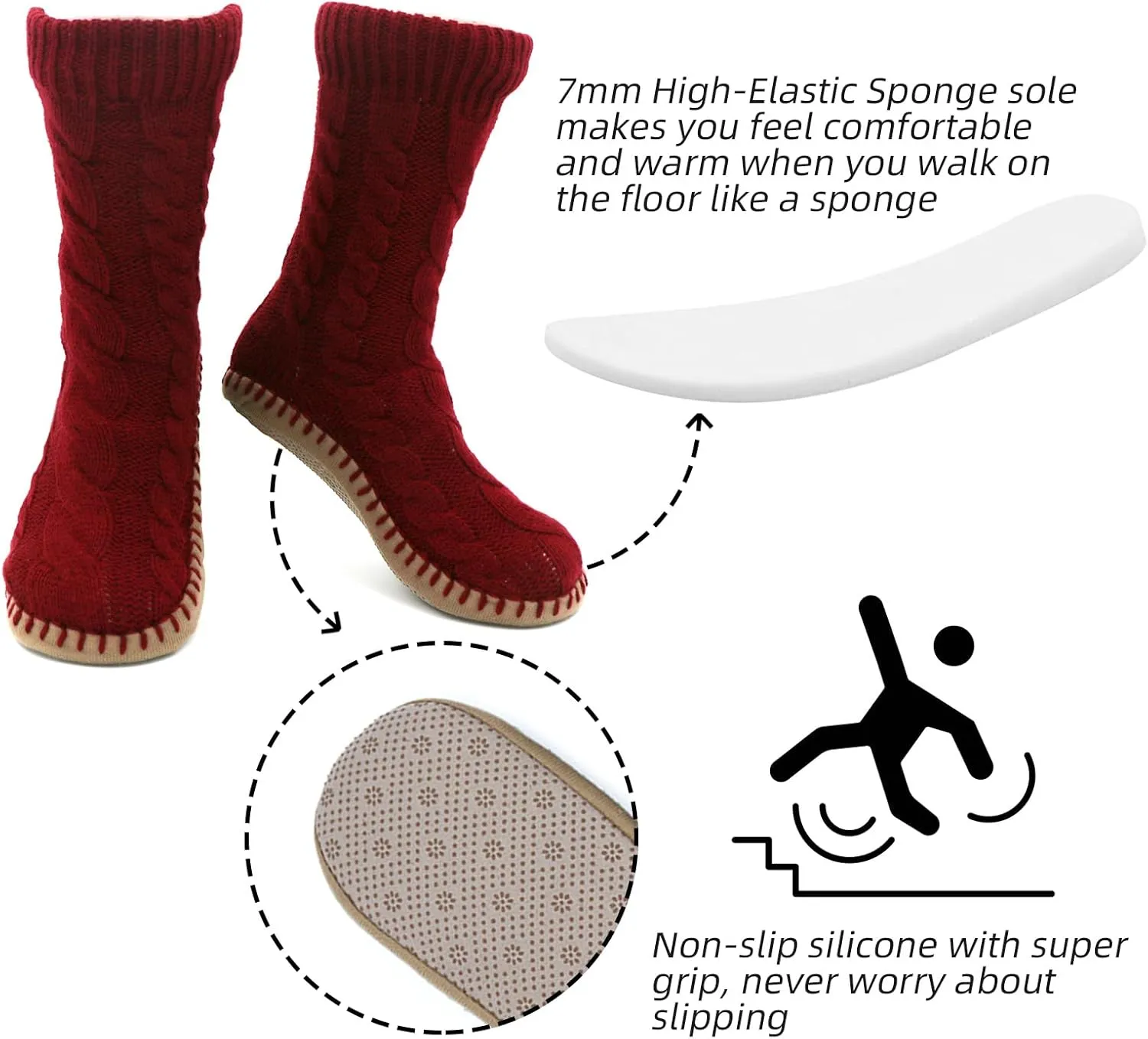 Slipper Socks for Women Grippers, Black Thick Lined Knit Slipper Sock With Sole Non Skid Bottom, Indoor House Fuzzy Slipper Sock for Hospital Floor, Christmas Slipper Socks for Family, Large Size 9-11