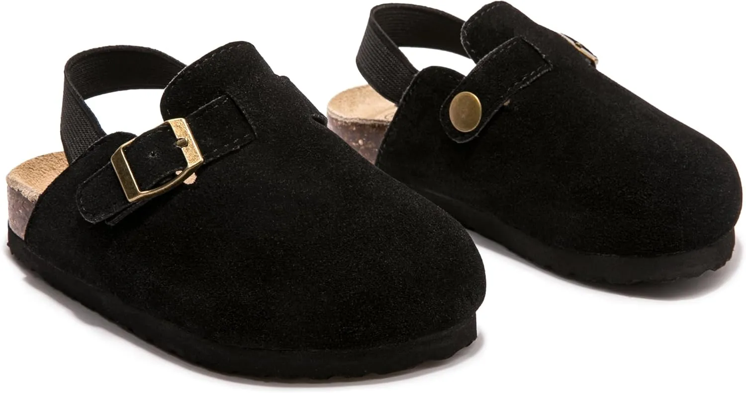 Soft Suede Kids Clogs for Toddlers - Adjustable Buckle Slip-On Mules for Boys & Girls, Featuring Cork Footbeds & Leather Details, Stylish & Comfortable Potato Shoes