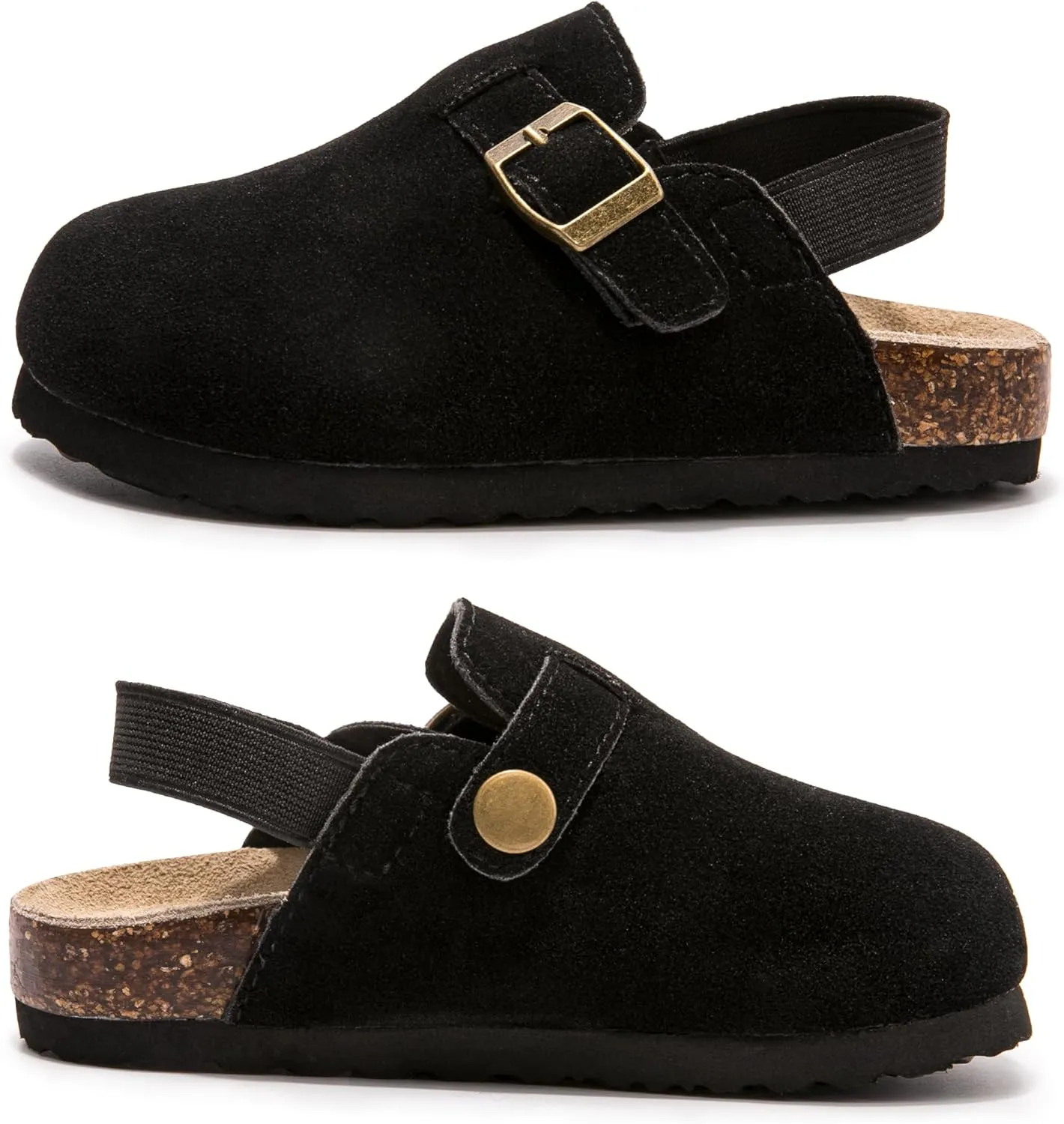 Soft Suede Kids Clogs for Toddlers - Adjustable Buckle Slip-On Mules for Boys & Girls, Featuring Cork Footbeds & Leather Details, Stylish & Comfortable Potato Shoes