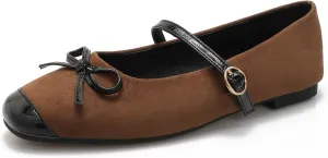 Square Cap Toe Suede Flat Mary Janes for Women Slip On Flats Shoes with Bow Women's Luxurious Dress Mary Jane Ballet Flat with Strap Buckle