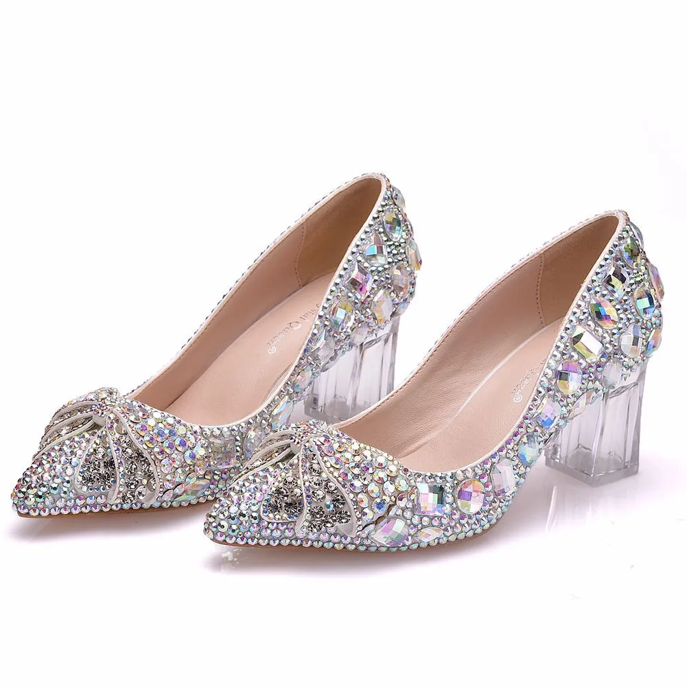 Square Thick-heeled Butterfly Colored Rhinestone Wedding Shoes