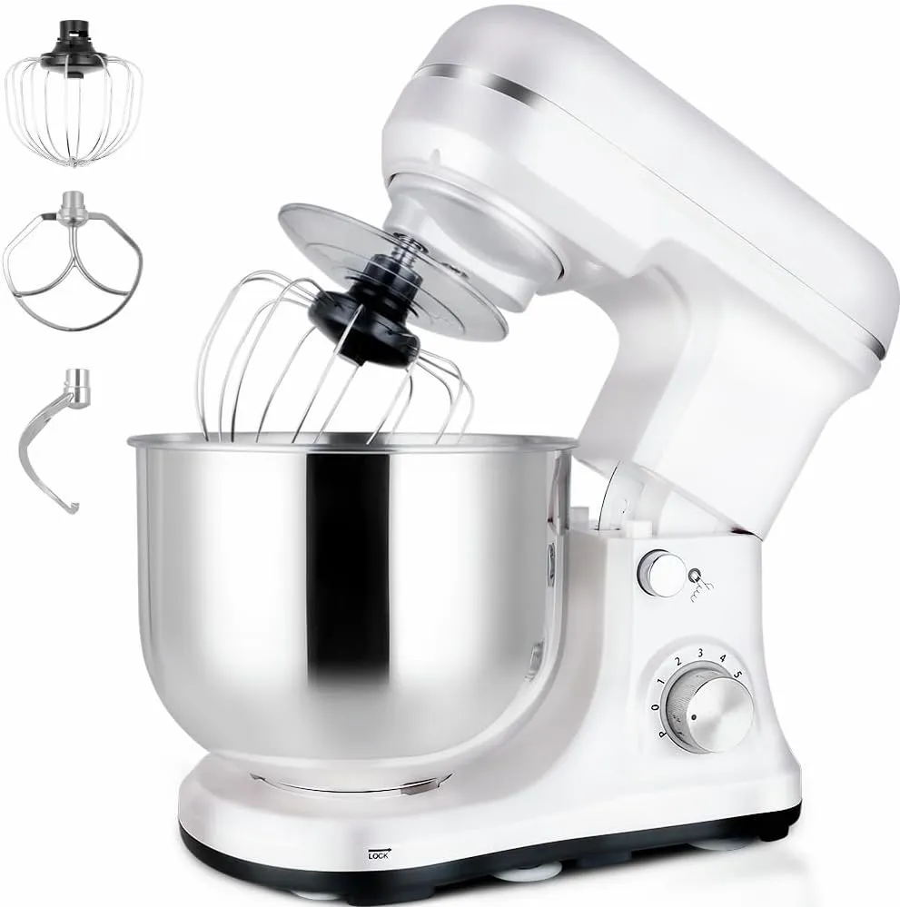 Stand Mixer 5-QT, 6 P Speed Tilt-Head Food Mixer 300W Dough Mixer with Stainless Steel Bowl,Dough Hook,Flat Beater&Whisk Electric Kitchen Mixer for Household Baking, Anti-Slip(Pearl White)