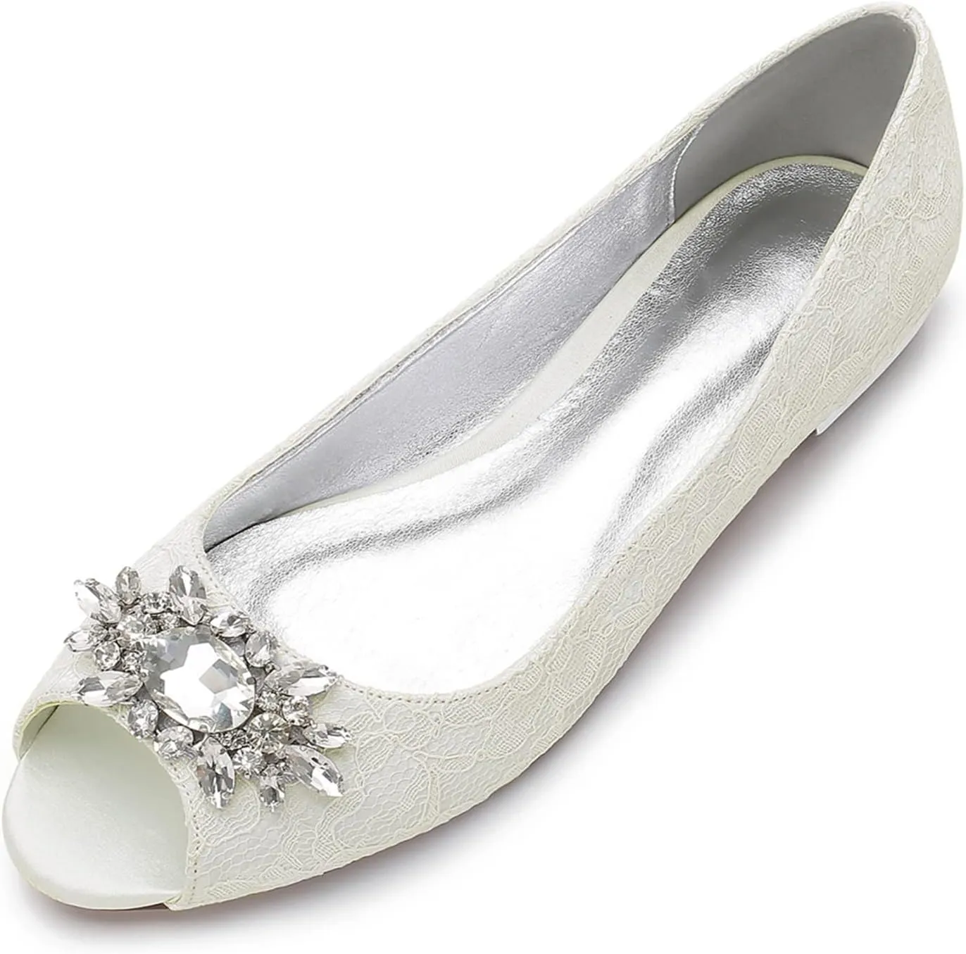 TNXZ Women Comfort Flat Lace Wedding Shoes Peep Toe Buckle Strap Bridal Evening Party Flats Shoes