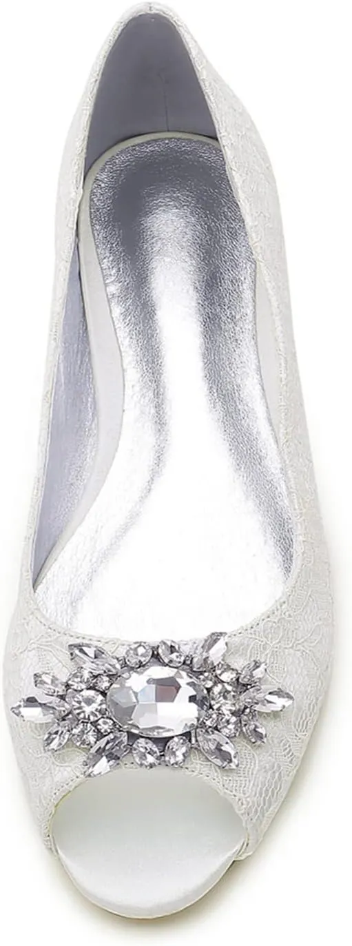 TNXZ Women Comfort Flat Lace Wedding Shoes Peep Toe Buckle Strap Bridal Evening Party Flats Shoes