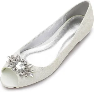 TNXZ Women Comfort Flat Lace Wedding Shoes Peep Toe Buckle Strap Bridal Evening Party Flats Shoes