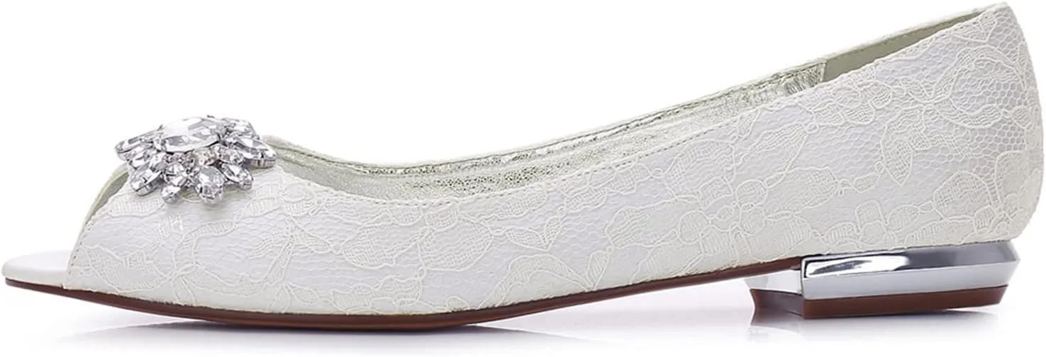 TNXZ Women Comfort Flat Lace Wedding Shoes Peep Toe Buckle Strap Bridal Evening Party Flats Shoes