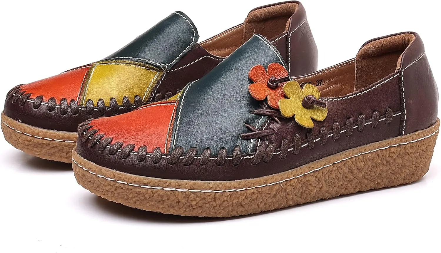 Trsorini Women's Casual Loafers Slip on Multi Color Stitching Leather Shoes Daily Walking