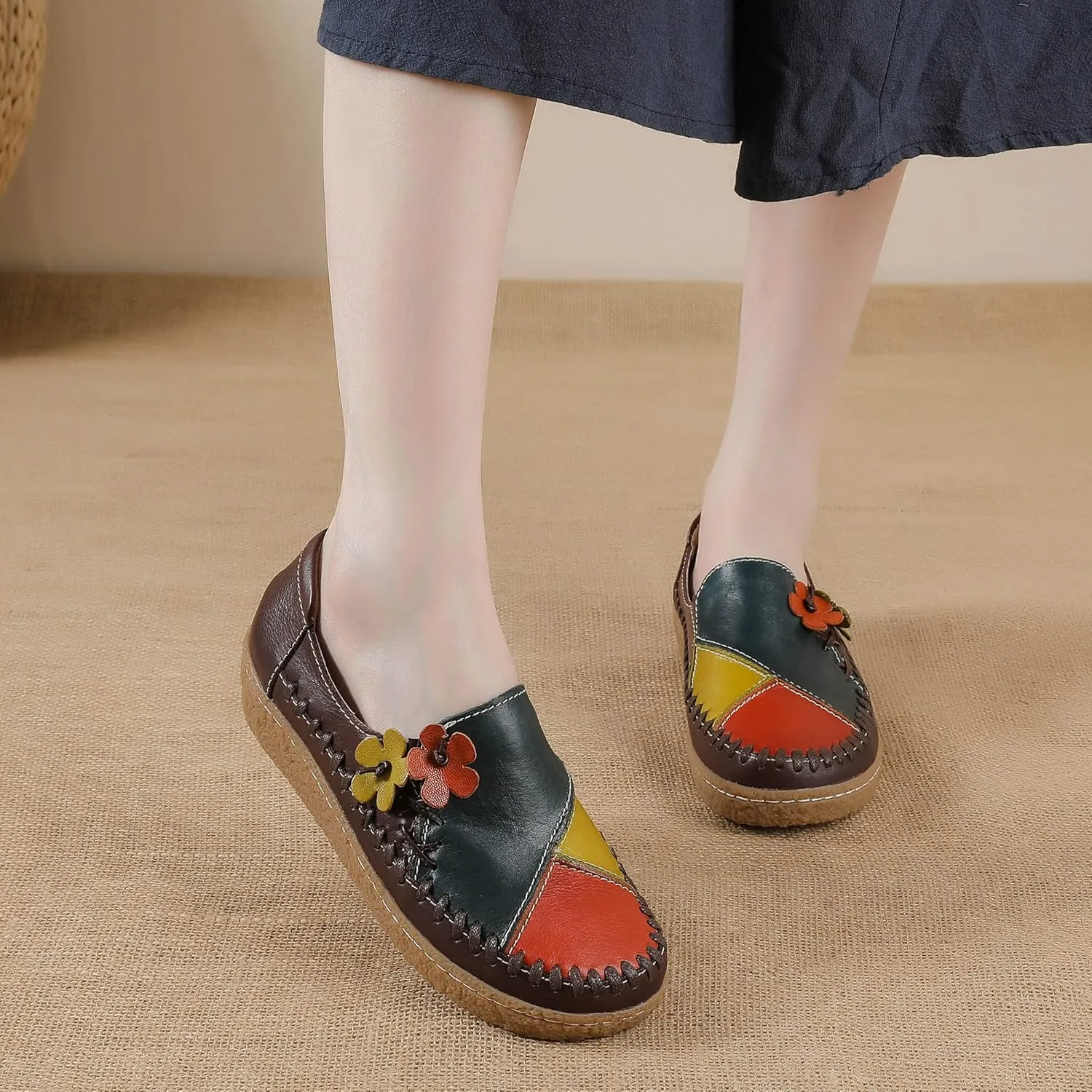 Trsorini Women's Casual Loafers Slip on Multi Color Stitching Leather Shoes Daily Walking