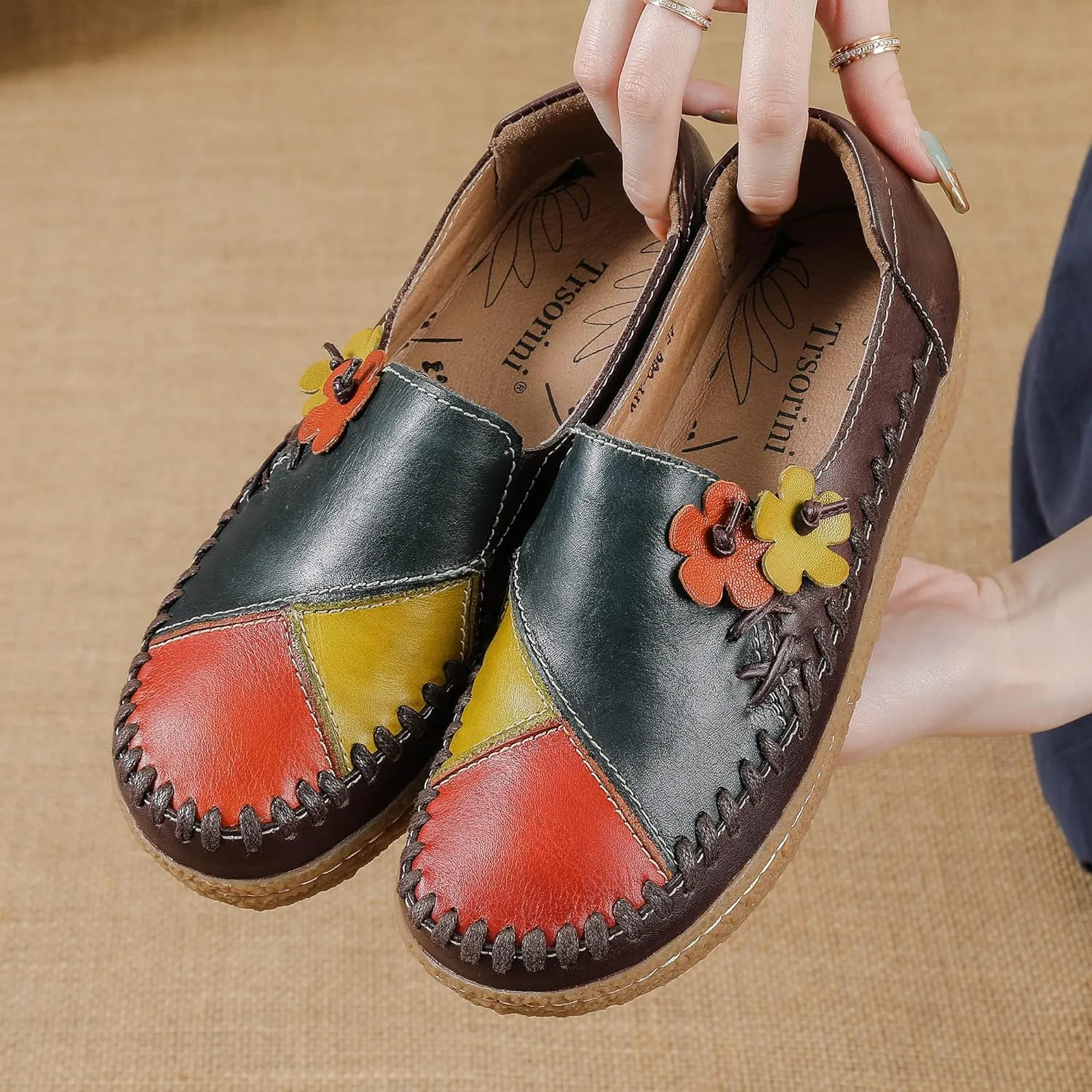 Trsorini Women's Casual Loafers Slip on Multi Color Stitching Leather Shoes Daily Walking