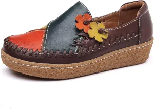 Trsorini Women's Casual Loafers Slip on Multi Color Stitching Leather Shoes Daily Walking