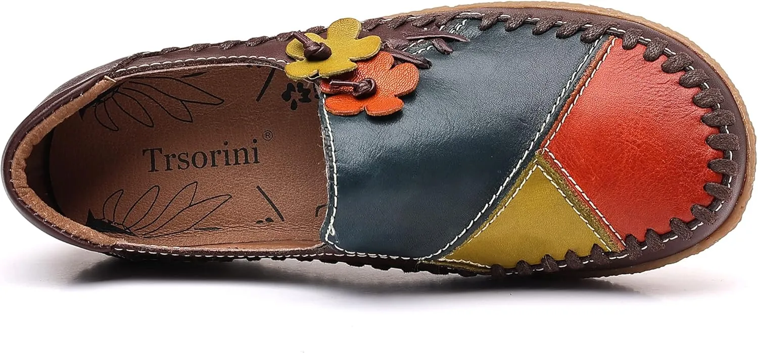 Trsorini Women's Casual Loafers Slip on Multi Color Stitching Leather Shoes Daily Walking