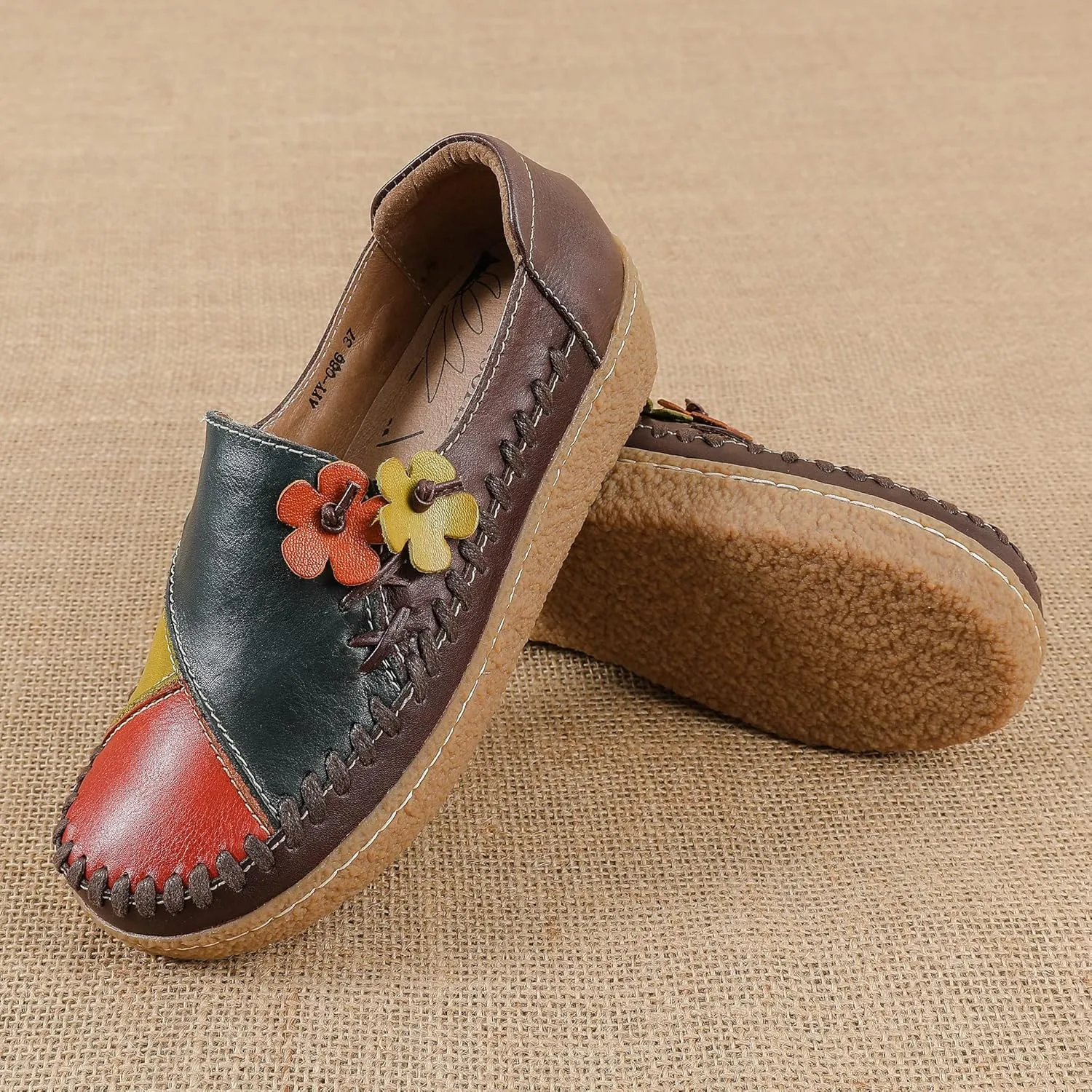 Trsorini Women's Casual Loafers Slip on Multi Color Stitching Leather Shoes Daily Walking