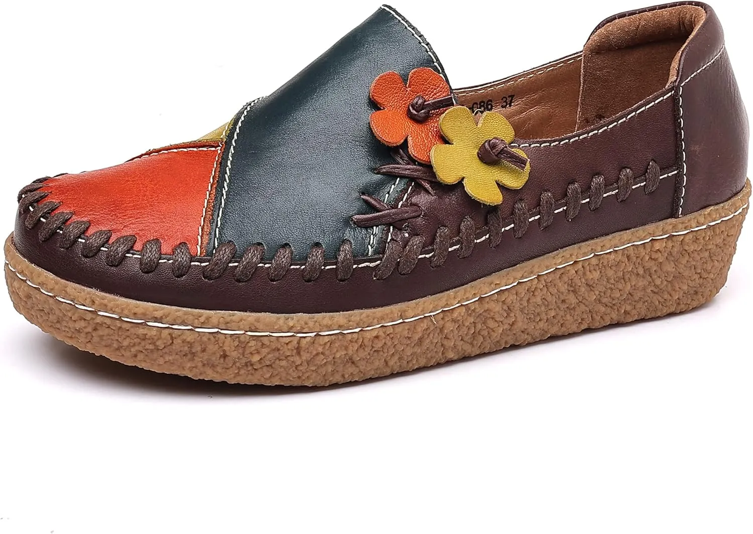 Trsorini Women's Casual Loafers Slip on Multi Color Stitching Leather Shoes Daily Walking