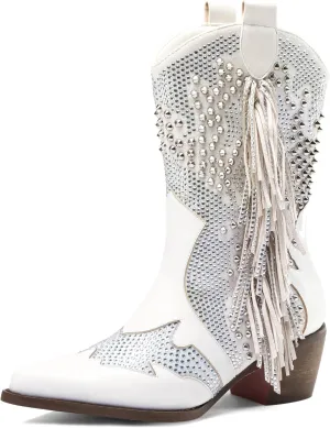 Tsrenlmln Ankle Boots for Women Pointed Toe Rhinestone Boots Chunky Heel Rivet Western Cowboy Boots With Tassel Womens Cowgirl Booties Slip-On Short Boots