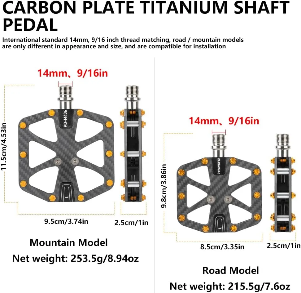 Ultralight Full Carbon Fiber Bike Pedals with Titanium Shaft | 9/16" Wide Flat Design | 3-Bearing System | Non-Slip Surface