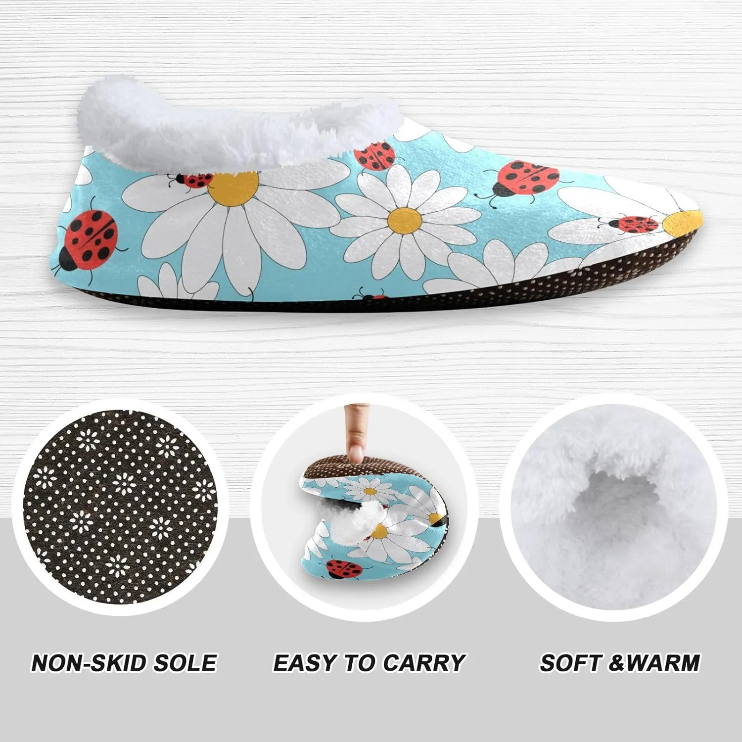 Unisex Slipper Daisy and Ladybugs Coral Fleece House Slipper Anti-Skid Indoor Socks House Shoes for Men and Women