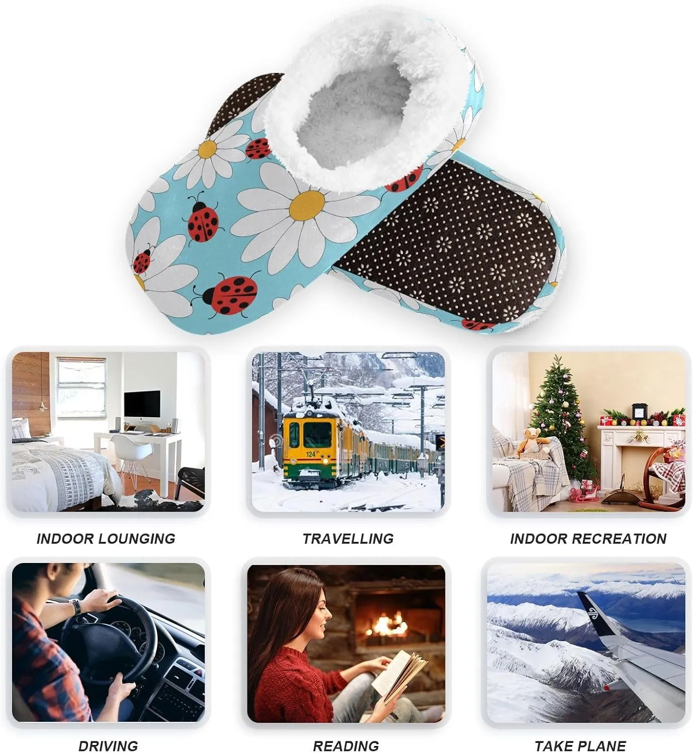 Unisex Slipper Daisy and Ladybugs Coral Fleece House Slipper Anti-Skid Indoor Socks House Shoes for Men and Women