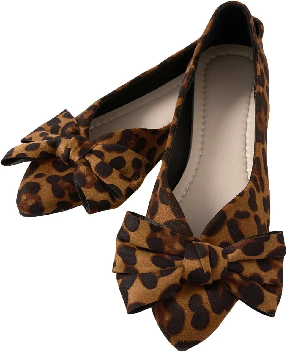 Verdusa Women's Leopard Print Ballet Flats Shoes Bow Decor Leather Comforatble Flat Shoes