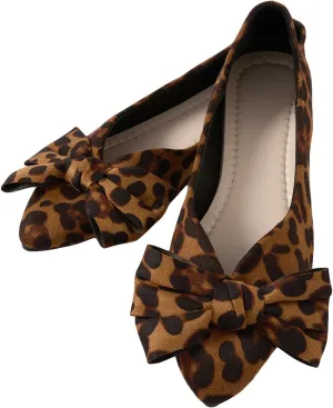 Verdusa Women's Leopard Print Ballet Flats Shoes Bow Decor Leather Comforatble Flat Shoes