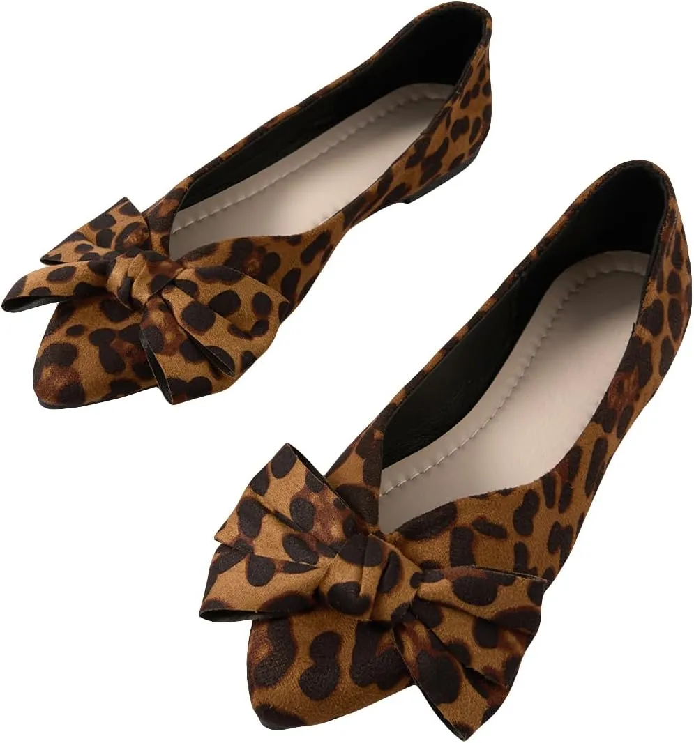 Verdusa Women's Leopard Print Ballet Flats Shoes Bow Decor Leather Comforatble Flat Shoes