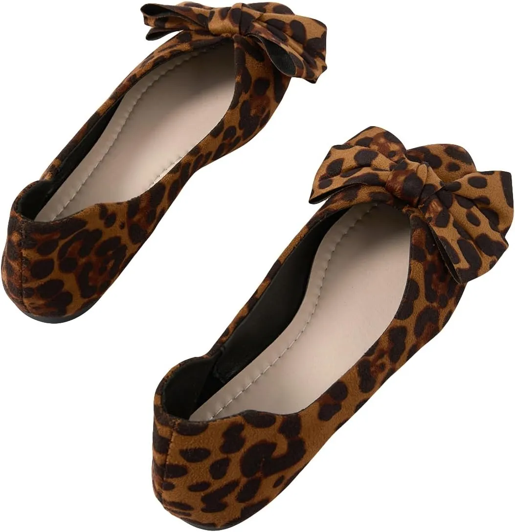 Verdusa Women's Leopard Print Ballet Flats Shoes Bow Decor Leather Comforatble Flat Shoes