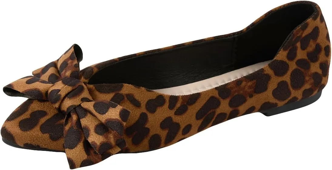 Verdusa Women's Leopard Print Ballet Flats Shoes Bow Decor Leather Comforatble Flat Shoes