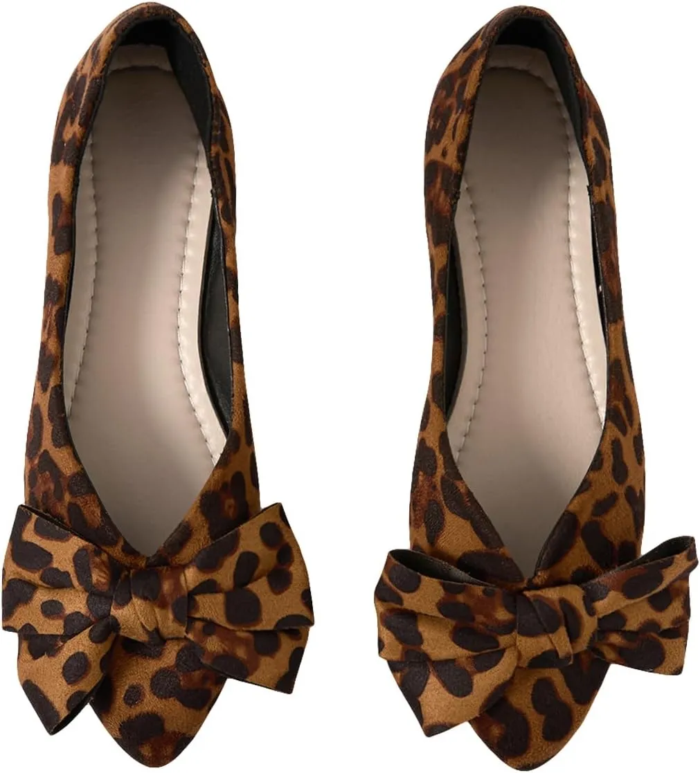 Verdusa Women's Leopard Print Ballet Flats Shoes Bow Decor Leather Comforatble Flat Shoes