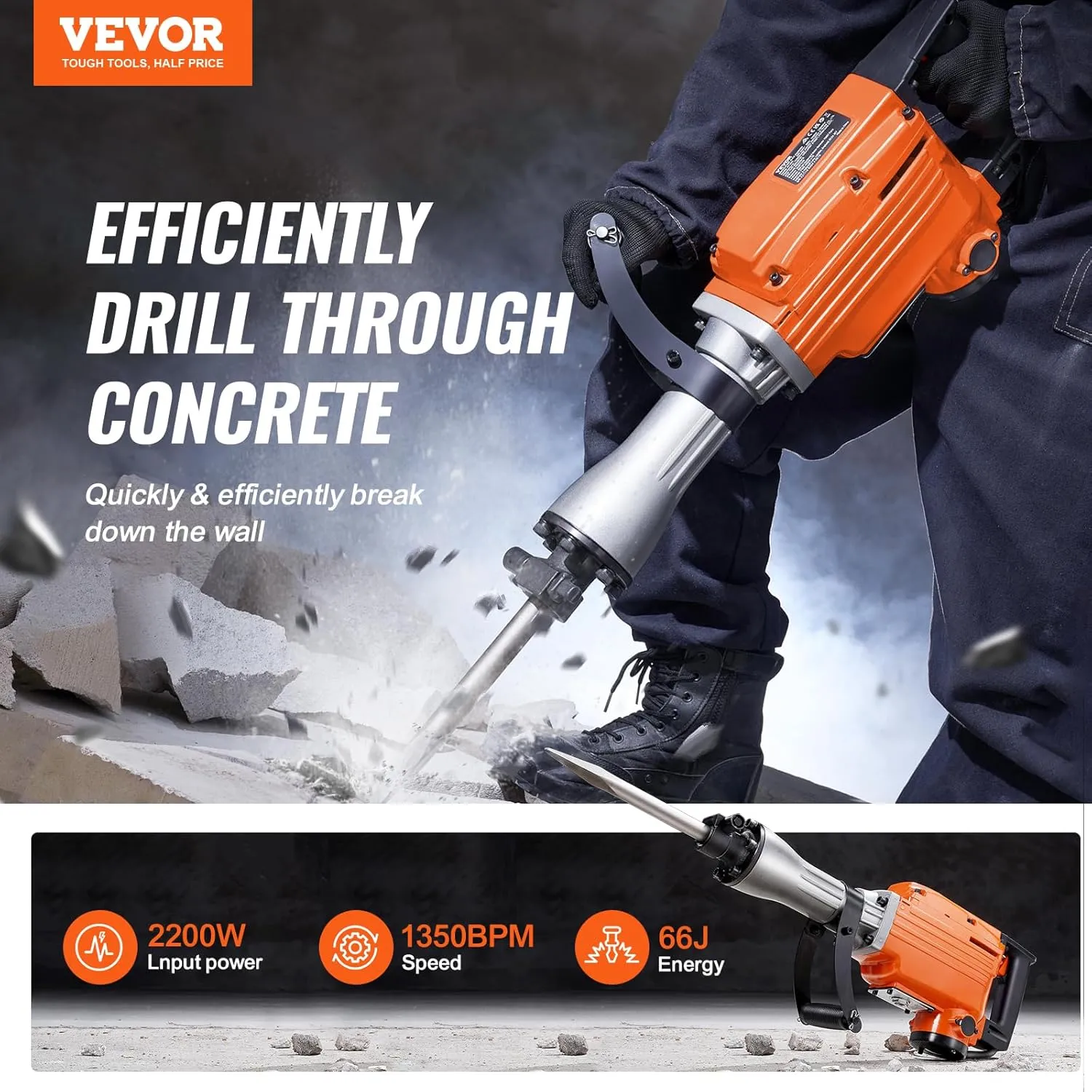 VEVOR Demolition Jack Hammer, MAX 2200W Electric Jackhammer Heavy Duty, 1350 BPM Concrete Breaker, 6pcs Chisels Bit Chipping with Case