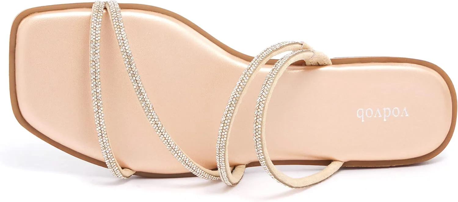 vodvob Women's Rhinestone Flat Sandals Slip on Memory Foam Sandals Open Toe Slide Sandals