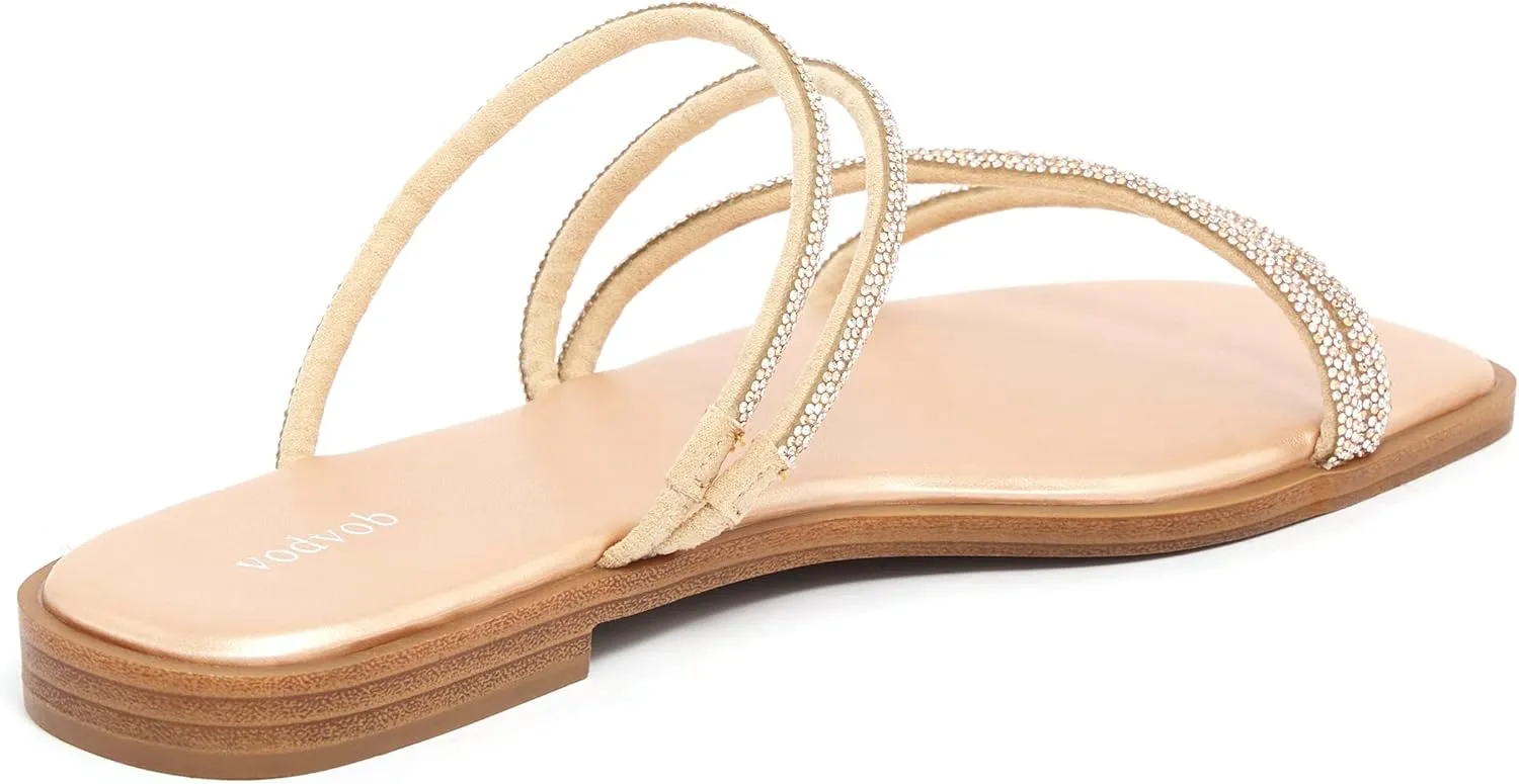vodvob Women's Rhinestone Flat Sandals Slip on Memory Foam Sandals Open Toe Slide Sandals