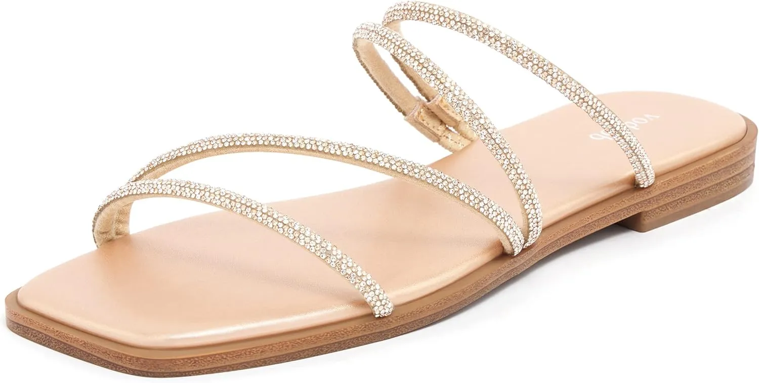 vodvob Women's Rhinestone Flat Sandals Slip on Memory Foam Sandals Open Toe Slide Sandals
