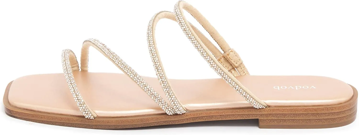 vodvob Women's Rhinestone Flat Sandals Slip on Memory Foam Sandals Open Toe Slide Sandals