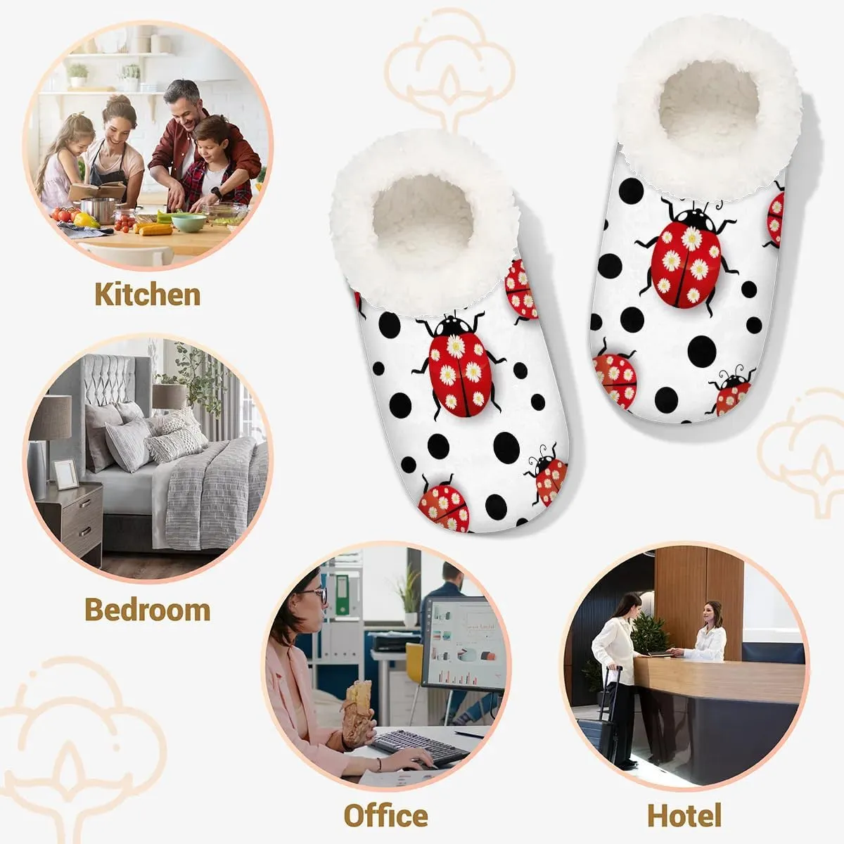 Watercolor Dots Chrysanthemum Ladybird Slipper for Women and Men Non-Slip Fuzzy Slipper Socks Memory Foam Slippers Winter Warm Home Slippers Fur Lining