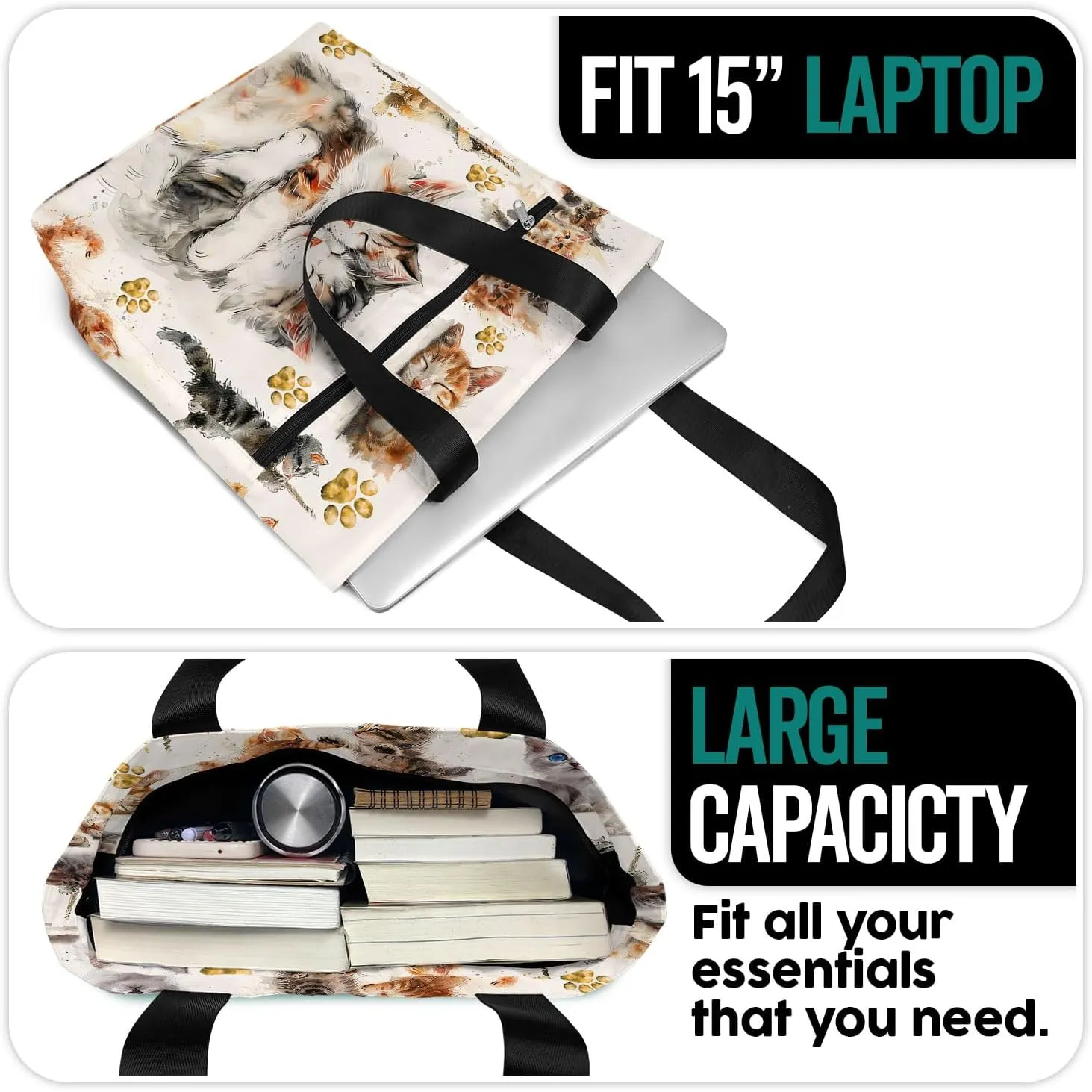 Waterproof Tote Bag with Pockets and Zipper for Work. Shoulder Bag for Women. Gift for Cat Lover Cat Owner.