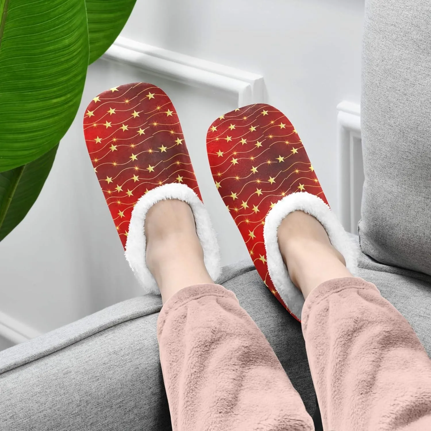 Winter House Slippers for Women/Men with Merry Christmas Element Cozy Fleece Slippers